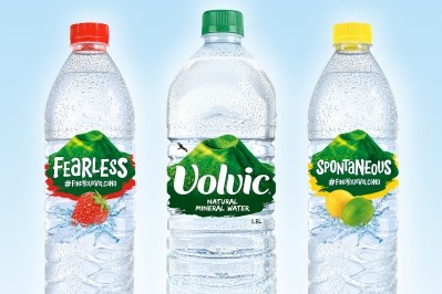 Volvic's 'find your volcano' campaign includes on-pack labels such as 'fearless' and 'brave'